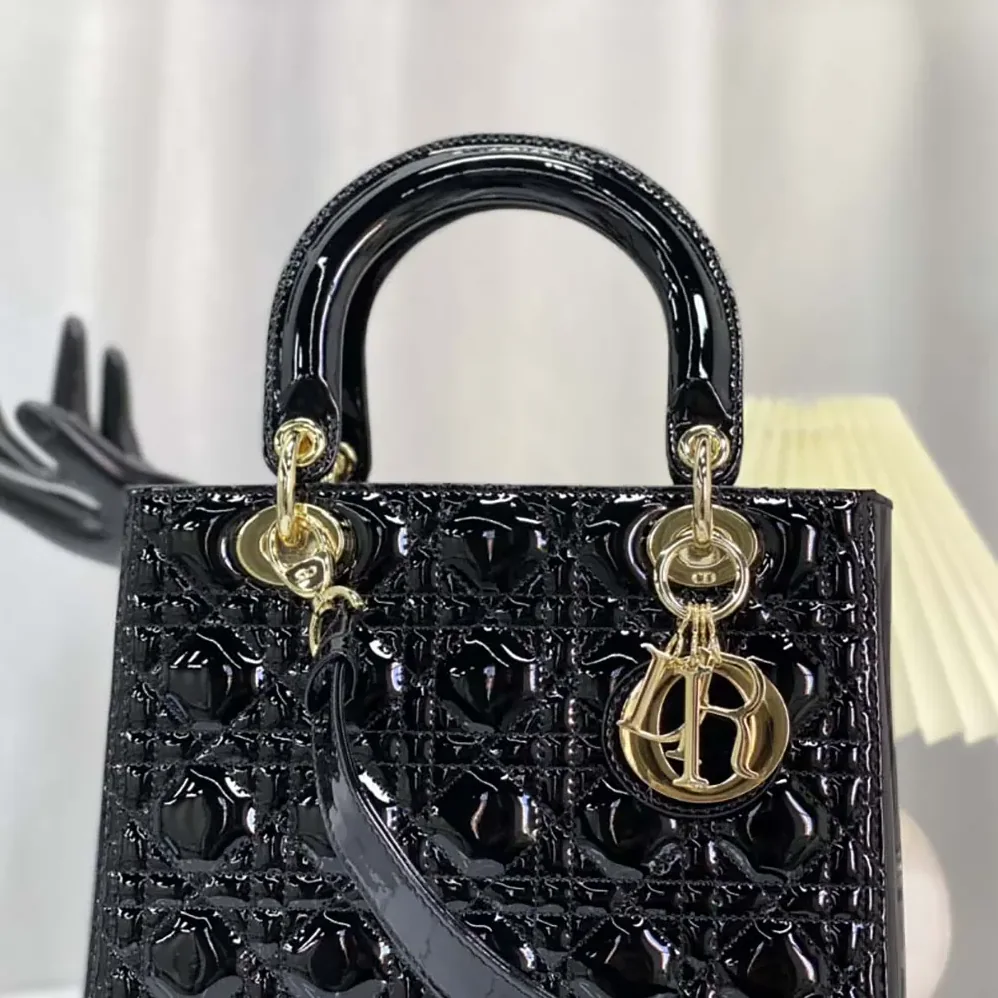 Dior Medium Lady Dior Bag Black Patent Cannage Calfskin for Women