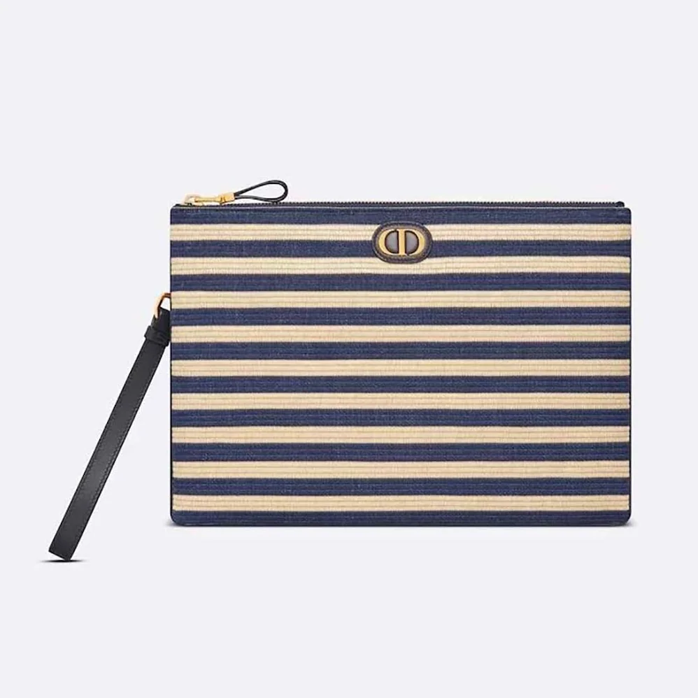 Dior Large Dior Caro Ddaily Pouch Natural and Denim Blue Marinière Raffia for Women