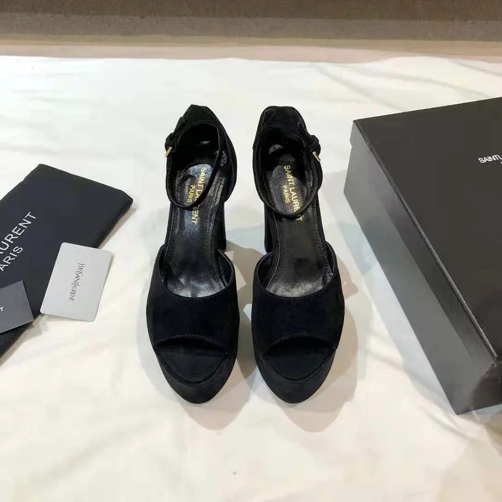 Saint Laurent YSL Jodie Platform Sandals in Suede for Women in Black