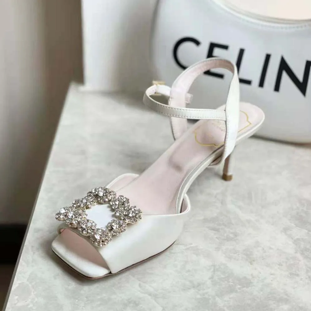 Roger Vivier Flower Strass Buckle Sandals in Satin for Women in White Roger Vivier Flower Strass Buckle Sandals in Satin for Women in White