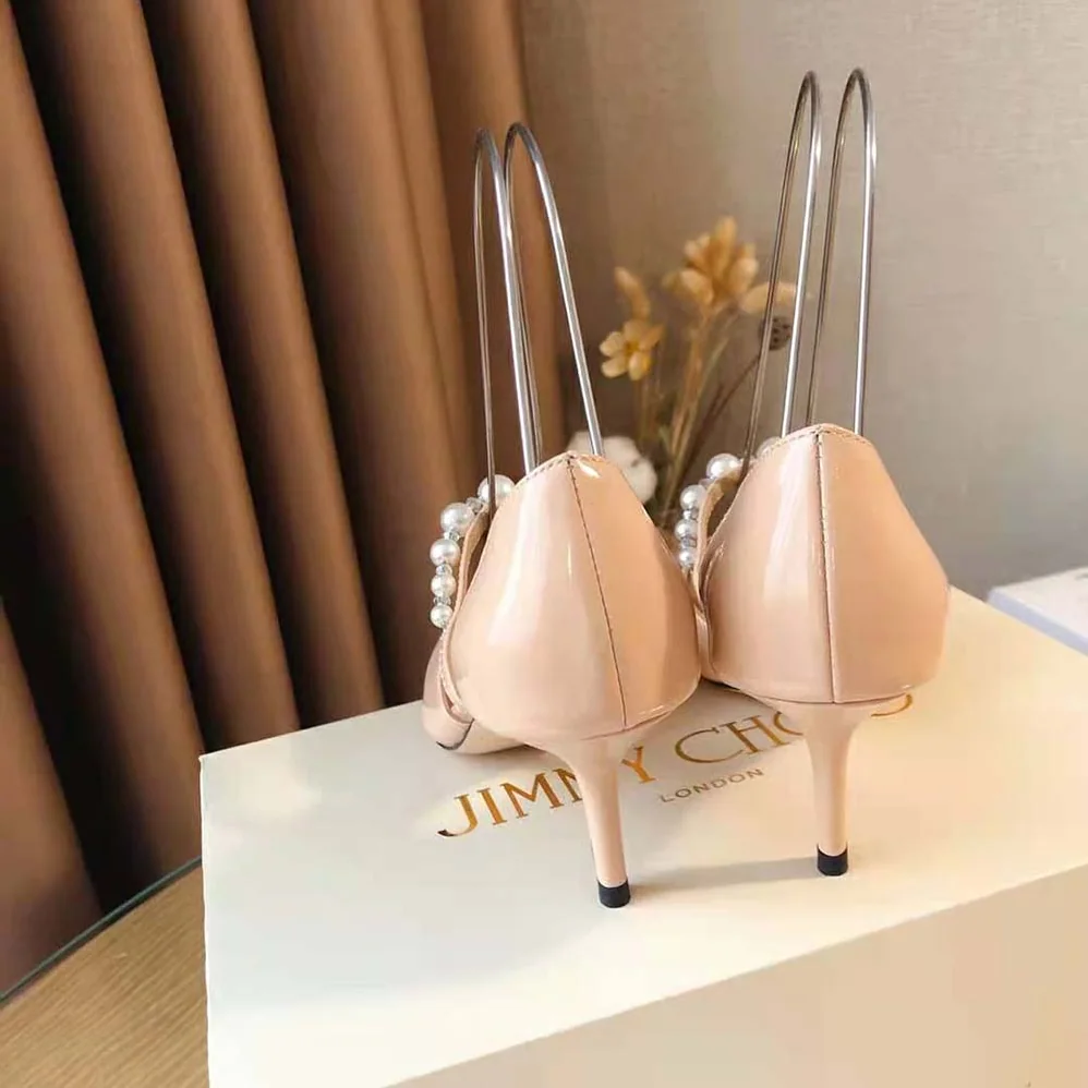 Jimmy Choo Aurelie 85 Ballet Pink Patent Leather Pointed Pumps with Pearl Embellishment for Women