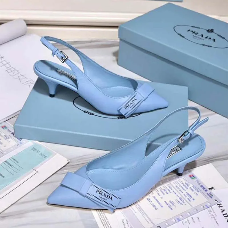 Prada Shoes Leather Slingbacks with Bow 55mm Heel for Women in Blue