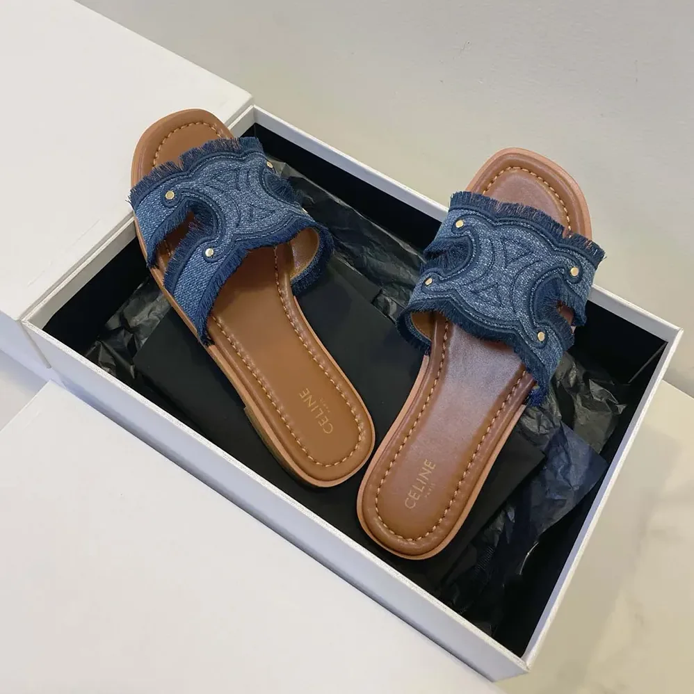 Celine Marina Fringed Mule in Denim for Women in Navy Celine Marina Fringed Mule in Denim for Women in Navy