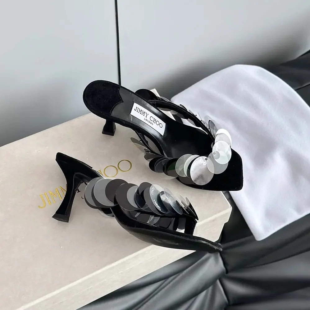 Jimmy Choo Freja 70 Black Suede Paillette Sandals for Women