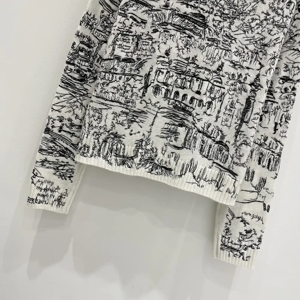 Dior Embroidered Sweater White and Black Cashmere Knit with Paris Allover Motif for Women