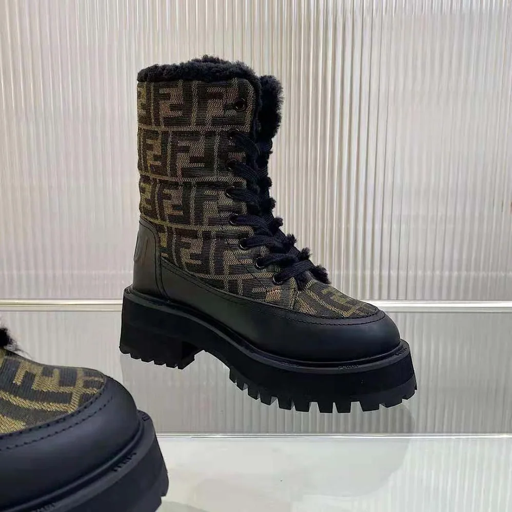 Fendi Signature Biker Boots Black Leather Biker Boots with FF Fabric for Women