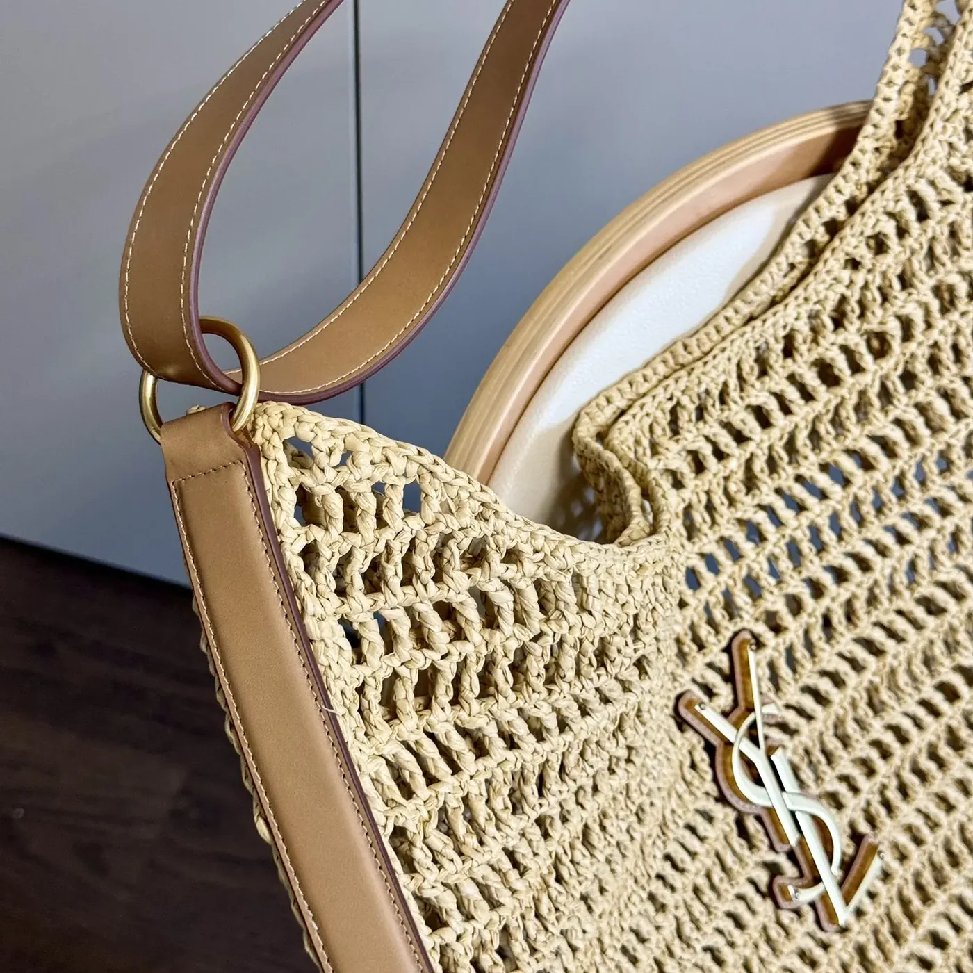 Saint Laurent YSL Oxalis in Raffia Crochet and Leather for Women