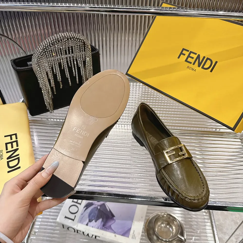 Fendi Baguette Green Nappa Leather Loafers for Women Fendi Baguette Green Nappa Leather Loafers for Women