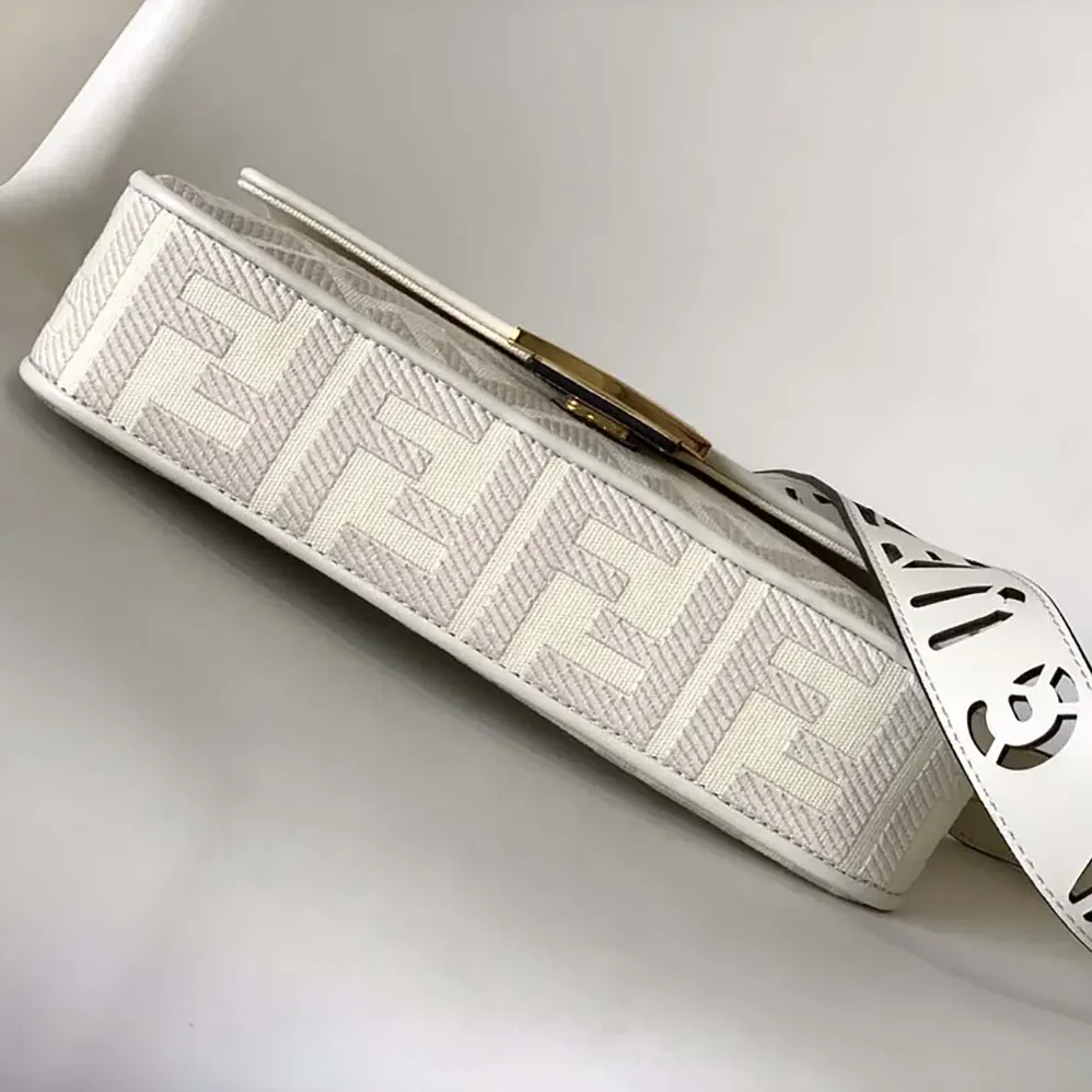 Fendi Baguette White Denim Bag with FF Embroidery for Women