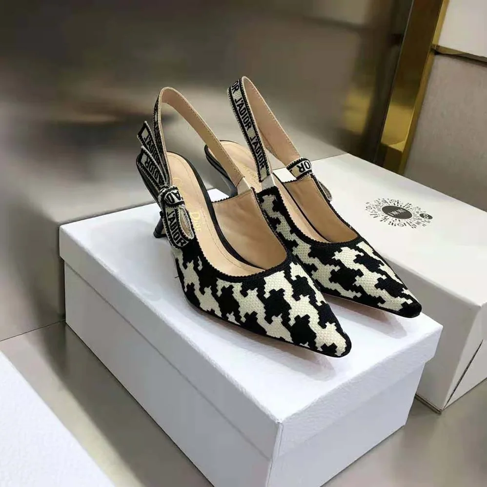 Dior J'Adior Slingback Pump Black and White Cotton Embroidery for Women Dior J'Adior Slingback Pump Black and White Cotton Embroidery for Women