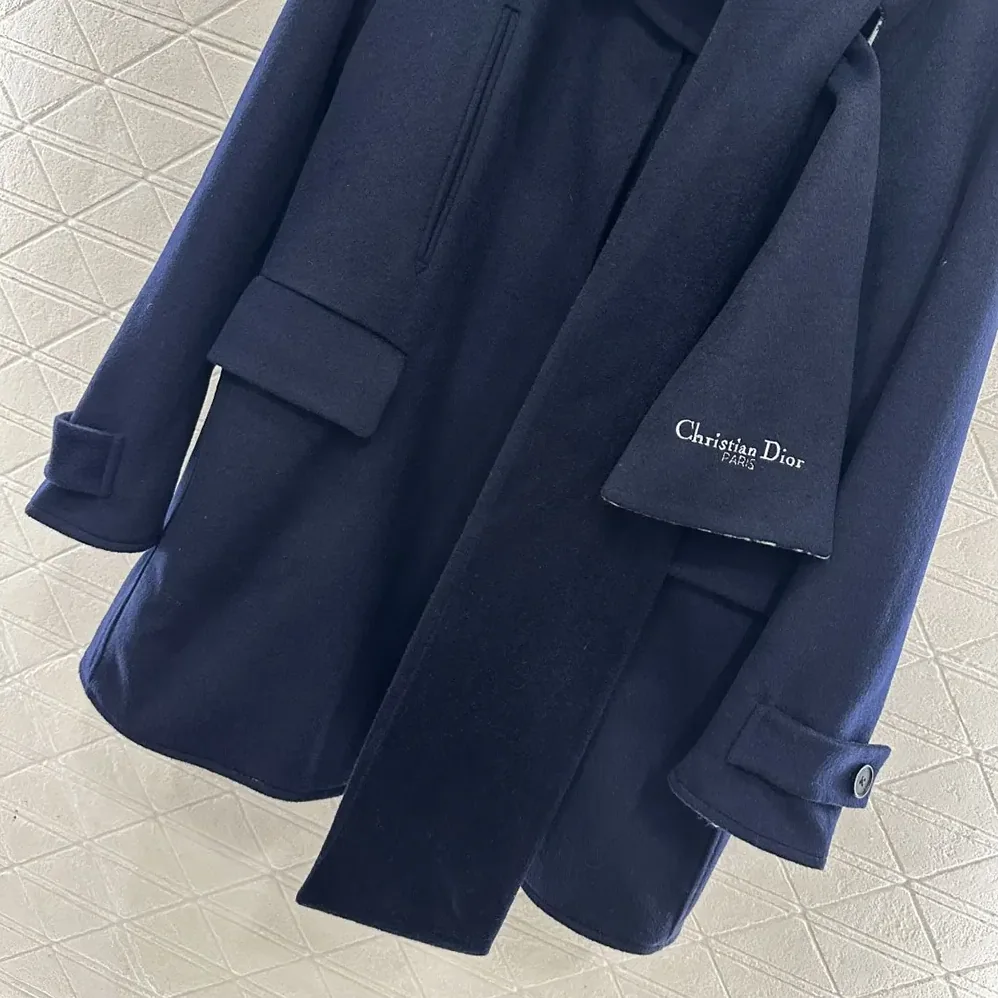 Dior Coat with Scarf Collar Navy Blue Double-Sided Virgin Wool and Silk for Women