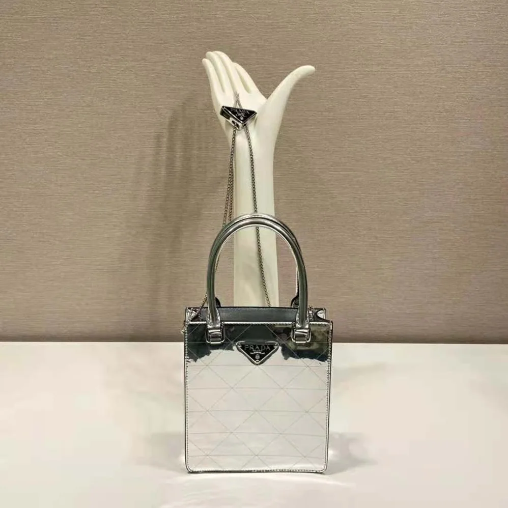 Prada Small Metallic Leather Tote Bag for Women in Silver Prada Small Metallic Leather Tote Bag for Women in Silver