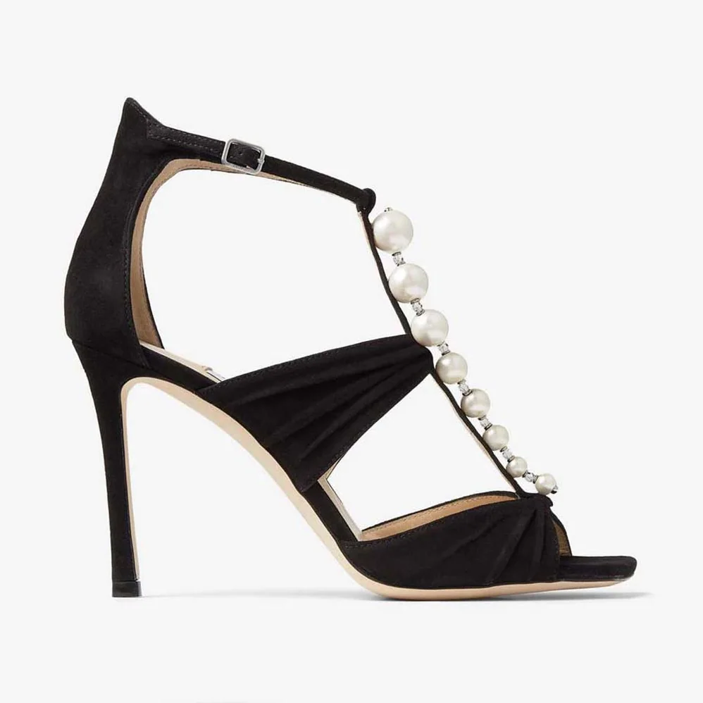 Jimmy Choo Aura 95 Black Suede Sandals with Pearls and Crystals for Women Jimmy Choo Aura 95 Black Suede Sandals with Pearls and Crystals for Women