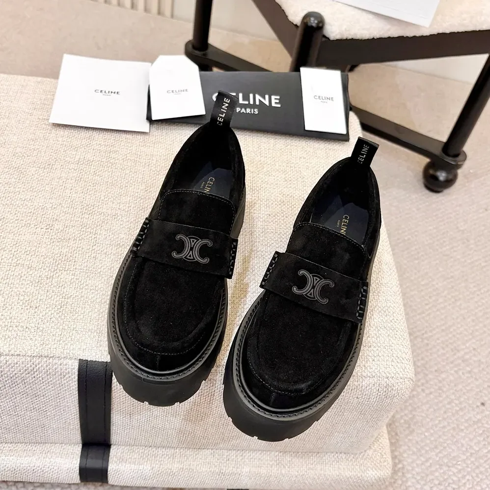 Celine Triomphe Loafers in Suede Calfskin for Women in Black Celine Triomphe Loafers in Suede Calfskin for Women in Black