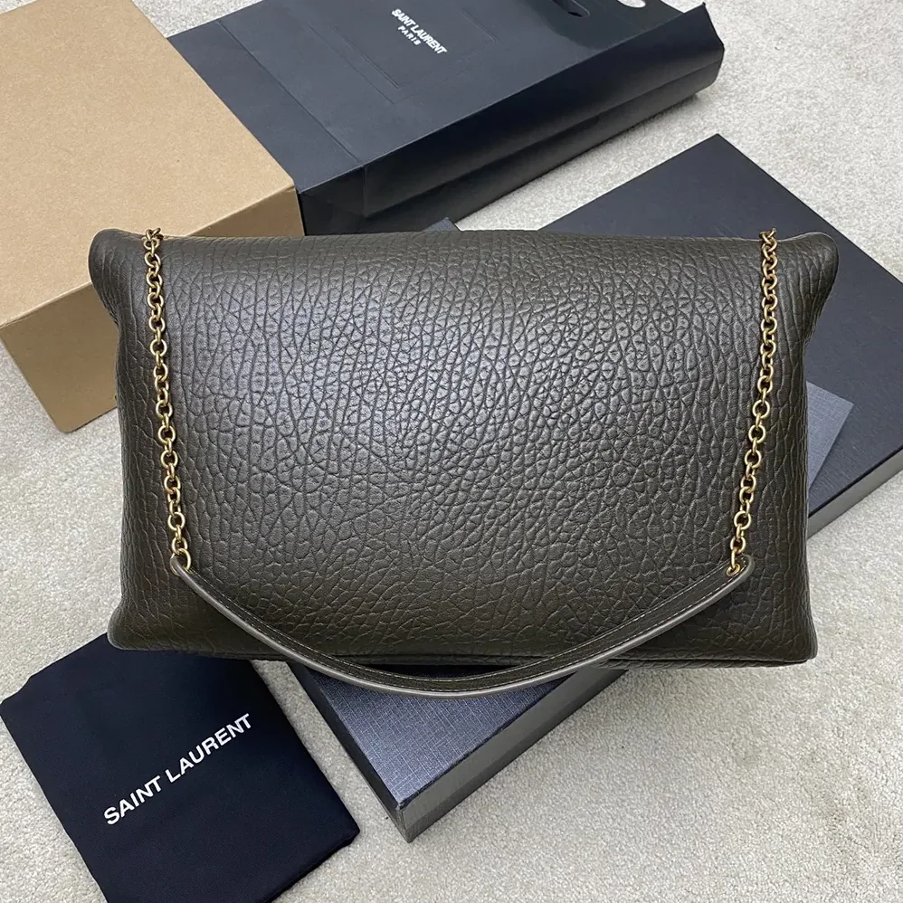 Saint Laurent YSL Cassandre XXL Envelope Pouch On Chain In Lambskin Dark Green 35cm for Women Saint Laurent YSL Cassandre XXL Envelope Pouch On Chain In Lambskin Dark Green 35cm for Women