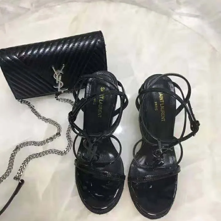 Saint Laurent YSL Cassandra Open Sandals Black Logo Patent for Women Saint Laurent YSL Cassandra Open Sandals Black Logo Patent for Women