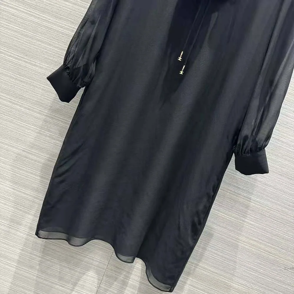 Celine Jabot Mini Dress in Silk Georgette for Women in Black Celine Jabot Mini Dress in Silk Georgette for Women in Black