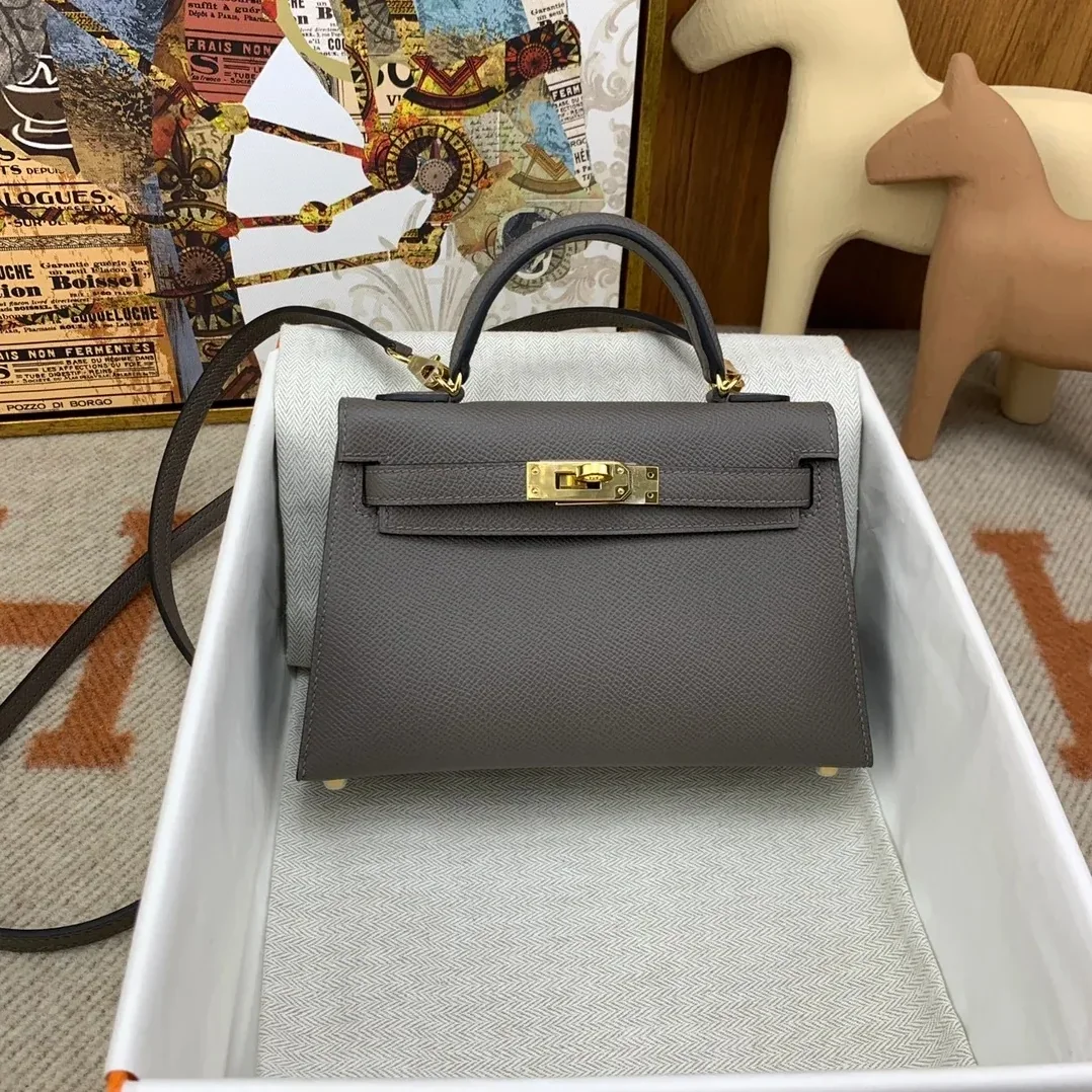 Hermes Kelly Mini Top Handle Bag / Dark Grey Epsom Gold Hardware