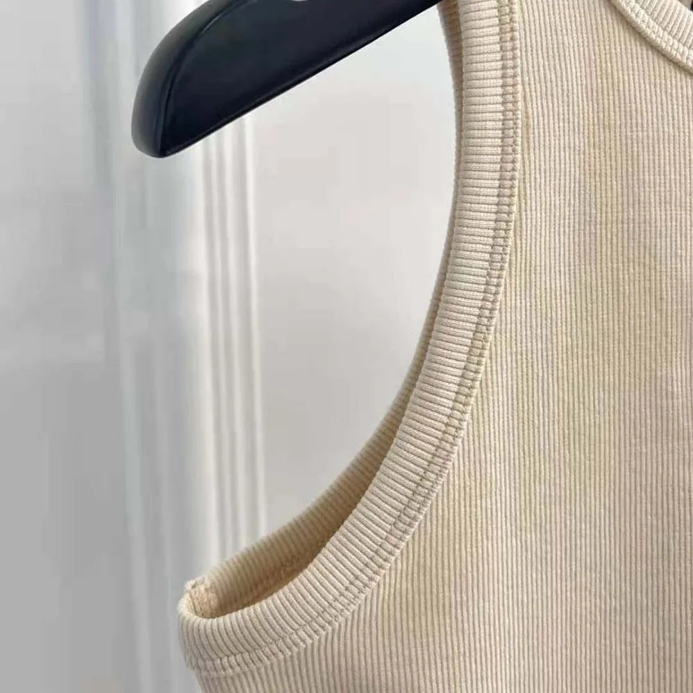 Miu Miu Ribbed Jersey Top with Embroidered Logo for Women in Beige