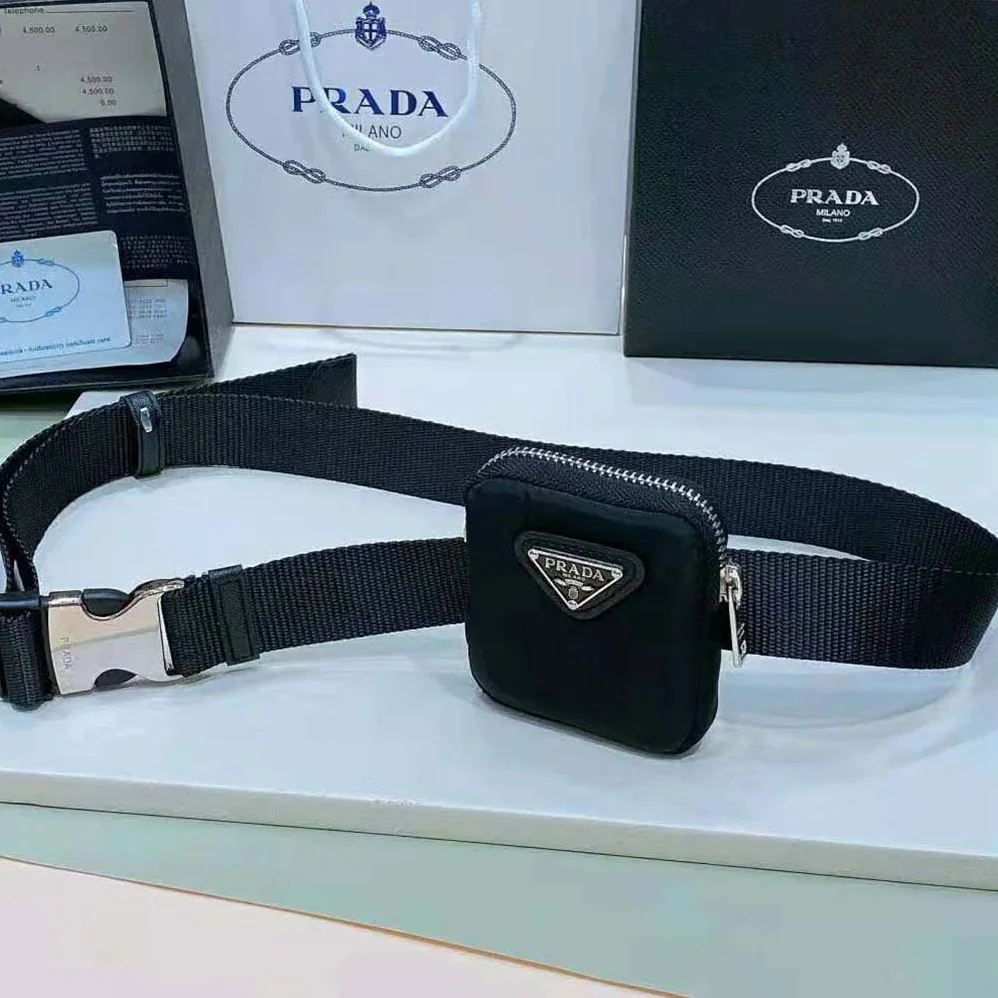 Prada Woven Nylon Belt with Enameled Metal Triangle Logo for Women