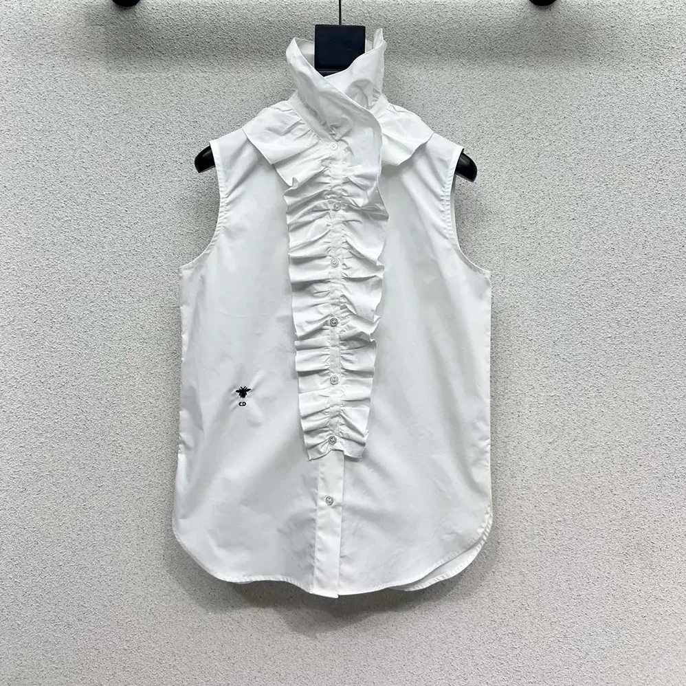 Dior Sleeveless Blouse with Removable Ruched Collar White Cotton Poplin for Women