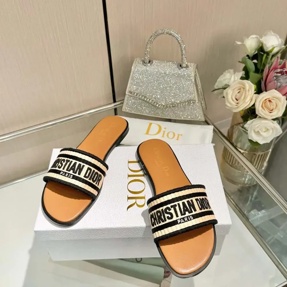 Dior Dway Slide Natural Raffia and Black Embroidered Cotton for Women