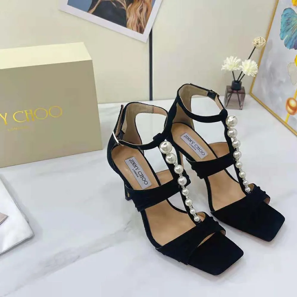 Jimmy Choo Aura 95 Black Suede Sandals with Pearls and Crystals for Women Jimmy Choo Aura 95 Black Suede Sandals with Pearls and Crystals for Women