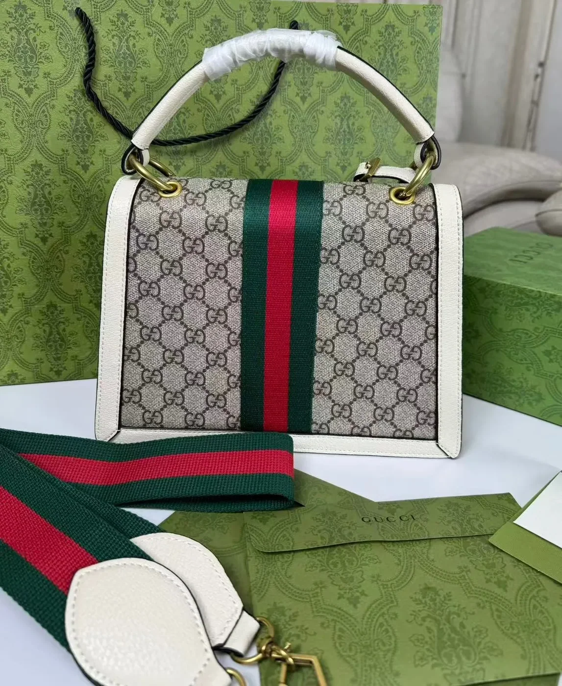 Gucci Queen Margaret GG Small Top Handle Bag / Beige And Ebony GG Supreme Canvas