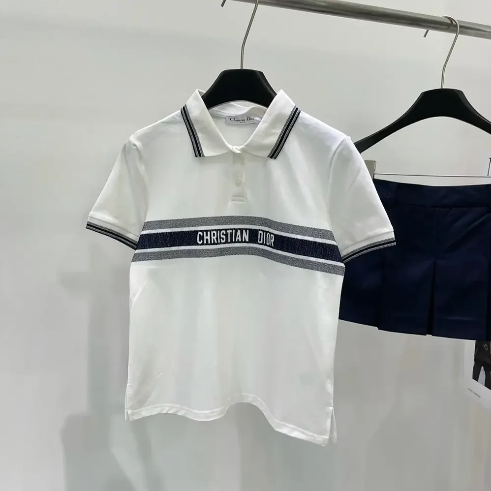 Dior Polo Shirt White and Navy Blue Cotton Jersey for Women