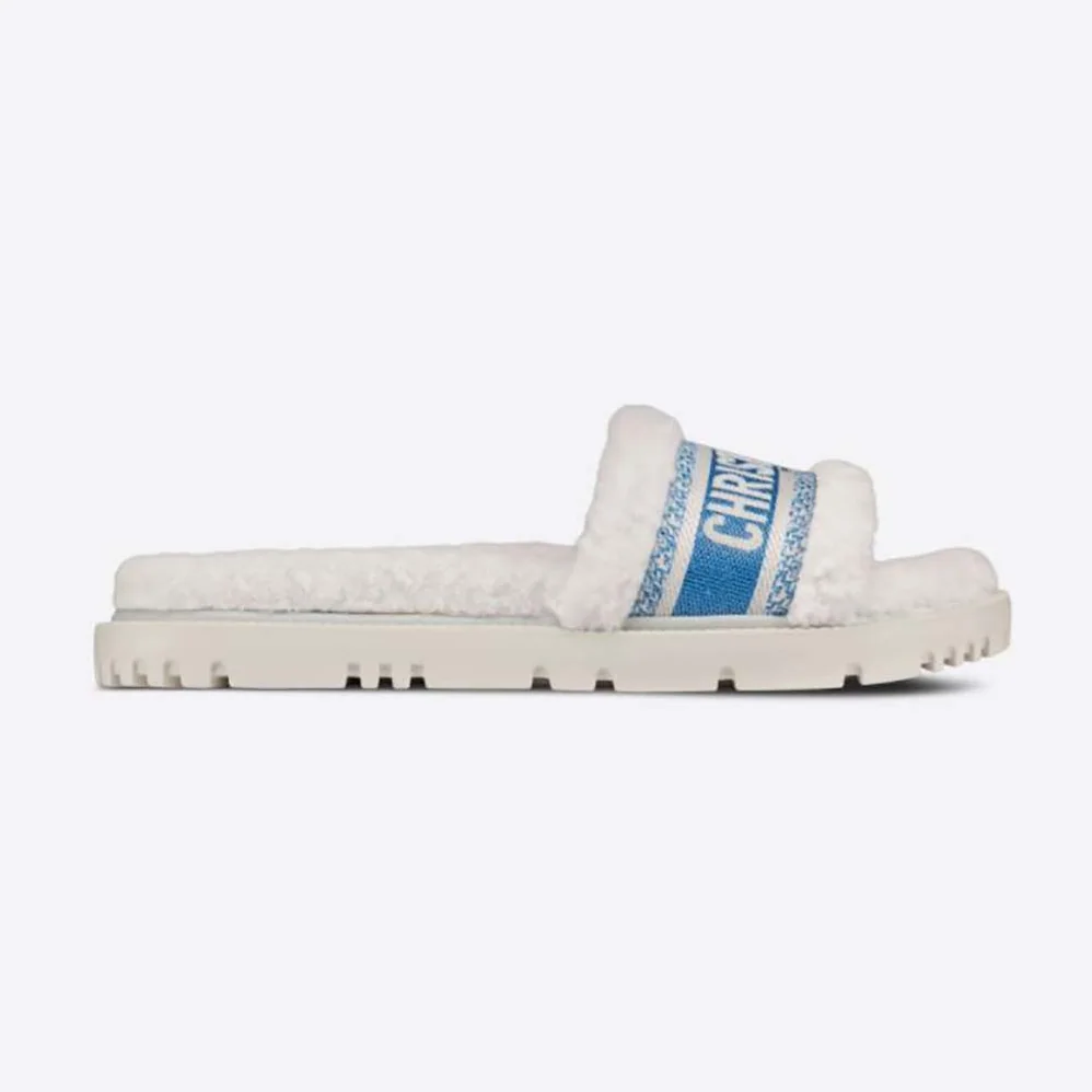 Dior Dway Slide Cornflower Blue Embroidered Cotton and White Shearling for Women