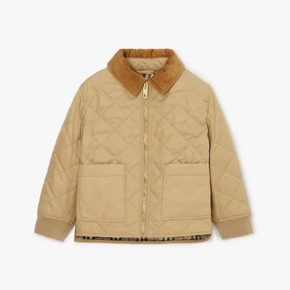 Burberry Kids' Corduroy Collar Diamond Quilted Jacket in Beige