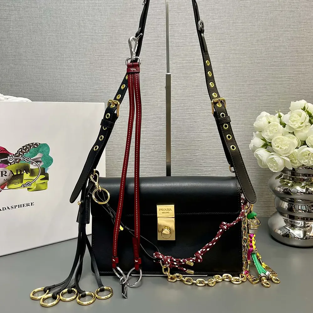 Prada Soft Sound Small Leather Shoulder Bag with Charms for Women in Black