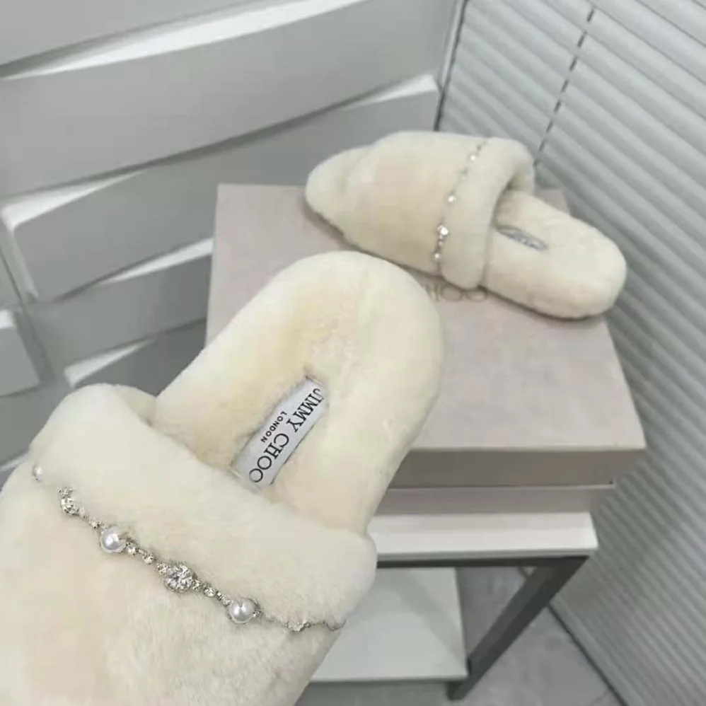 Jimmy Choo Acinda Slipper Natural Shearling Slippers with Crystal and Pearl Detailing for Women