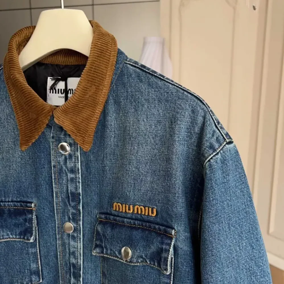 Miu Miu Denim Down Jacket with Embroidered Logo for Women