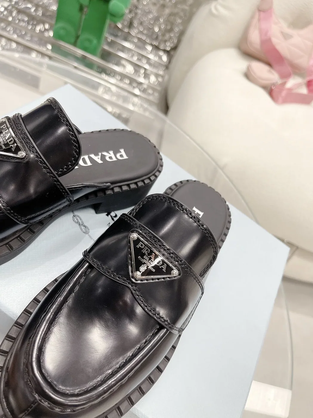 Prada Chocolate Brushed Mules Black in PRD
