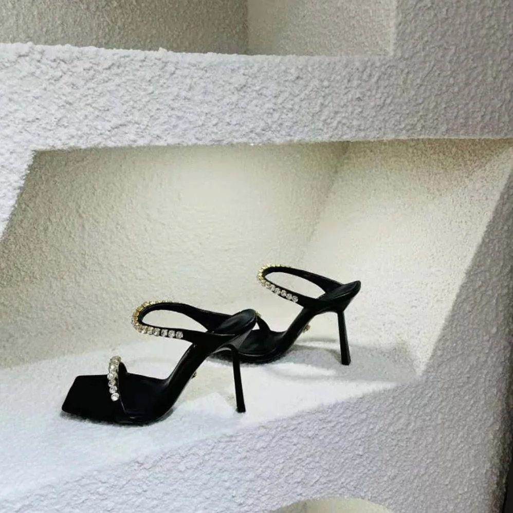 Versace Rhinestone Mules in 105mm Heel Hight for Women in Black Versace Rhinestone Mules in 105mm Heel Hight for Women in Black