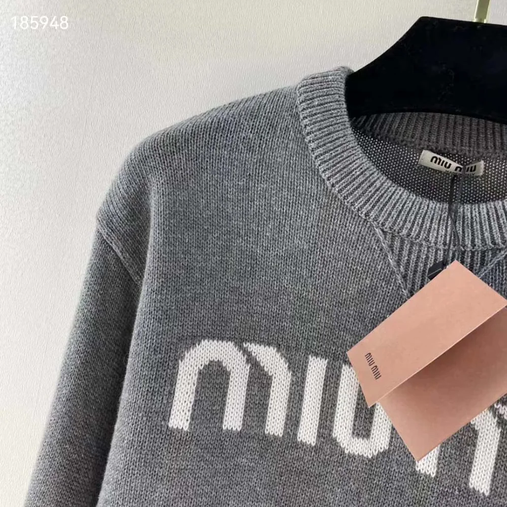 Miu Miu Cashmere Sweater with Intarsia Logo for Women in Silver Miu Miu Cashmere Sweater with Intarsia Logo for Women in Silver