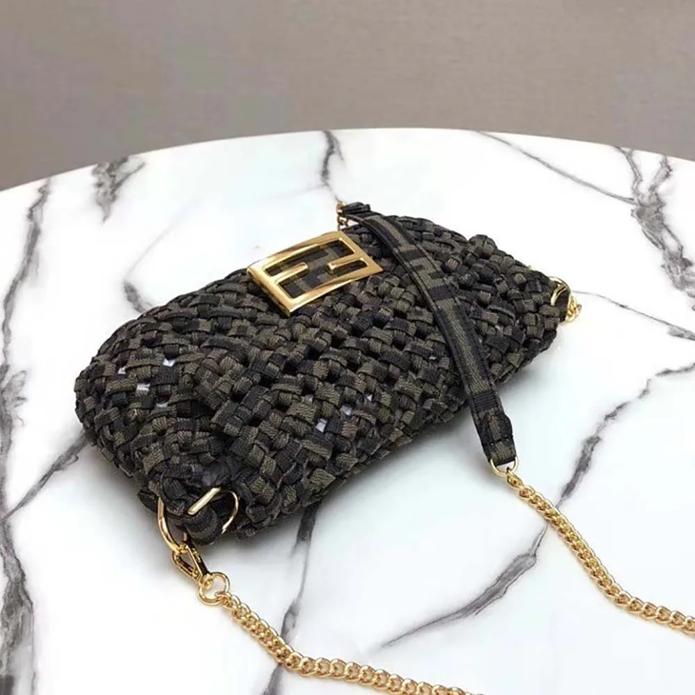 Fendi Baguette Jacquard Fabric Interlace Bag for Women in Olive Fendi Baguette Jacquard Fabric Interlace Bag for Women in Olive