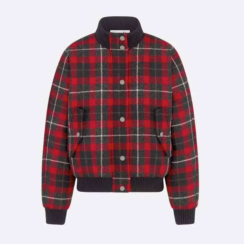 Dior Cannage Bomber Jacket with Vest Red, Gray and Black Check'n'Dior Virgin Wool for Women