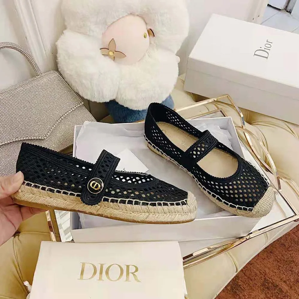 Dior Dior Caro Espadrille Ballerina Flat Black Mesh Embroidery for Women Dior Dior Caro Espadrille Ballerina Flat Black Mesh Embroidery for Women