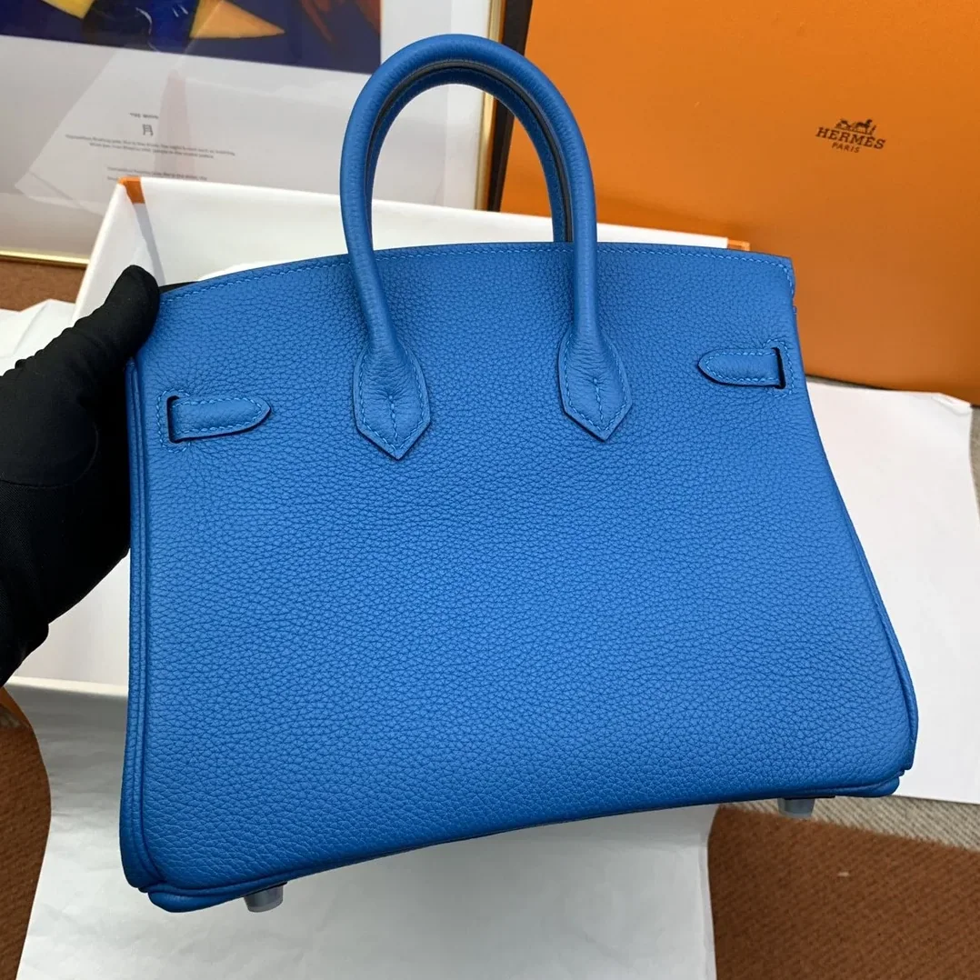 Hermes Birkin Top Handle Bag / Nata Togo Leather Blue Silver Hardware
