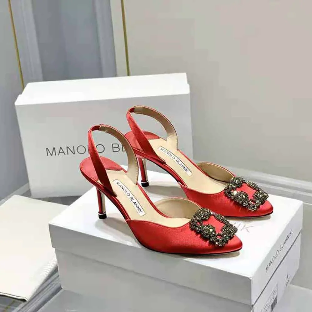 Manolo Blahnik Red Satin Jewel Buckle Slingback Pumps for Women Manolo Blahnik Red Satin Jewel Buckle Slingback Pumps for Women