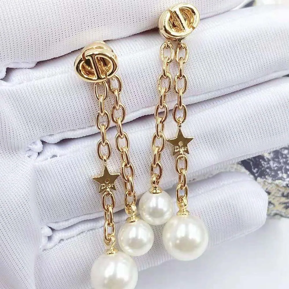 Dior CD Navy Earrings Gold-Finish Metal and White Resin Pearls for Women