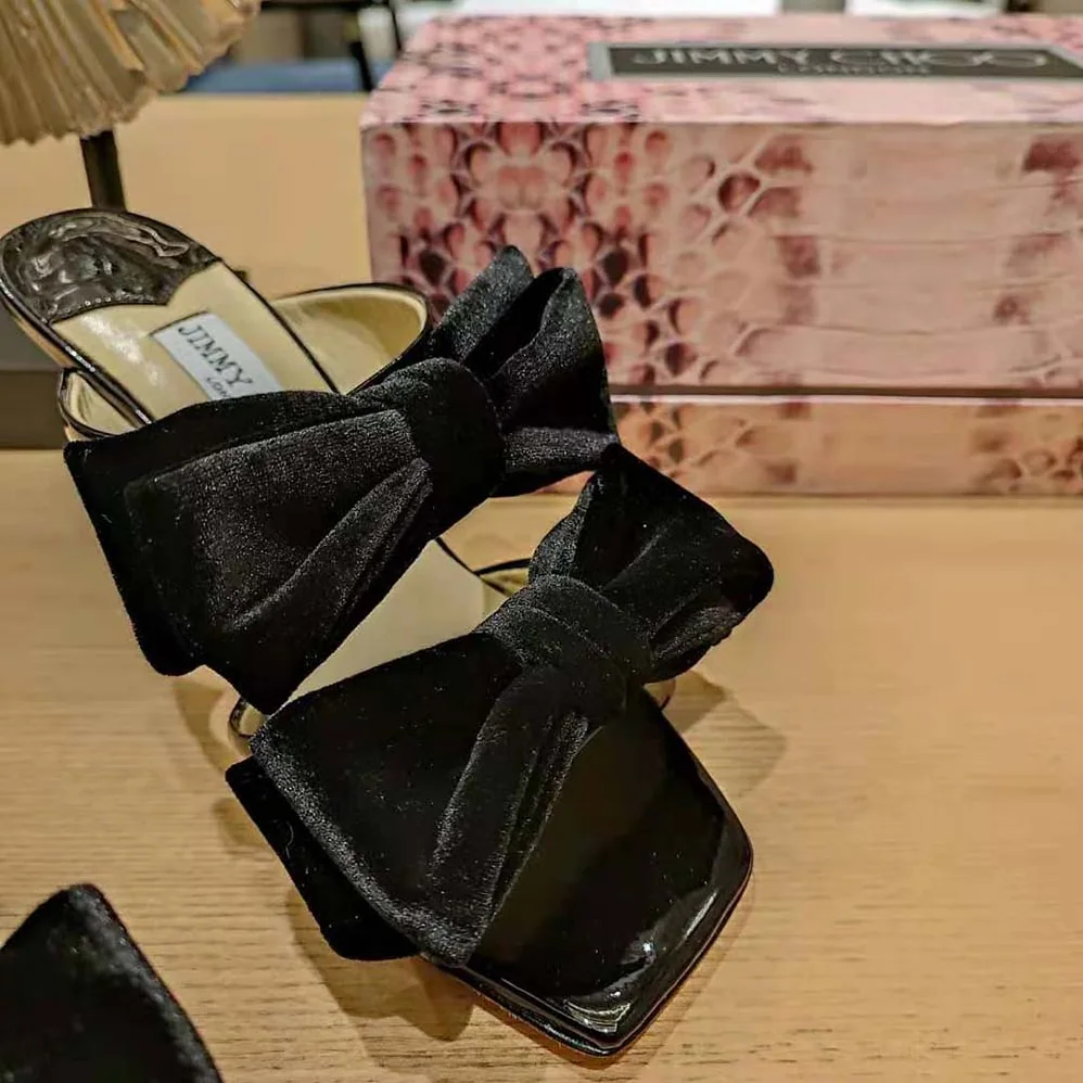 Jimmy Choo Flaca Sandal 100 Black Patent Sandal with Velvet Bow for Women Jimmy Choo Flaca Sandal 100 Black Patent Sandal with Velvet Bow for Women