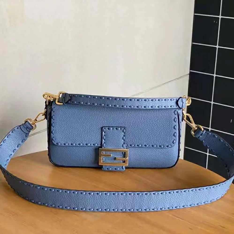 Fendi Baguette Blue Selleria Bag with Oversized Topstitching for Women