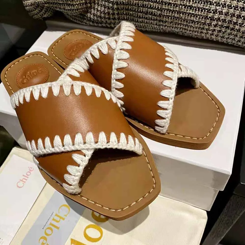 Chloe Woody Flat Slide for Women in Brown