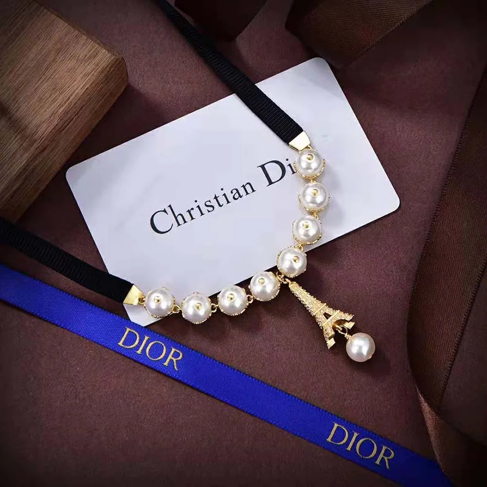 Dior Plan De Paris Choker Gold-Finish Metal with Black Grosgrain and White Resin Pearls for Women