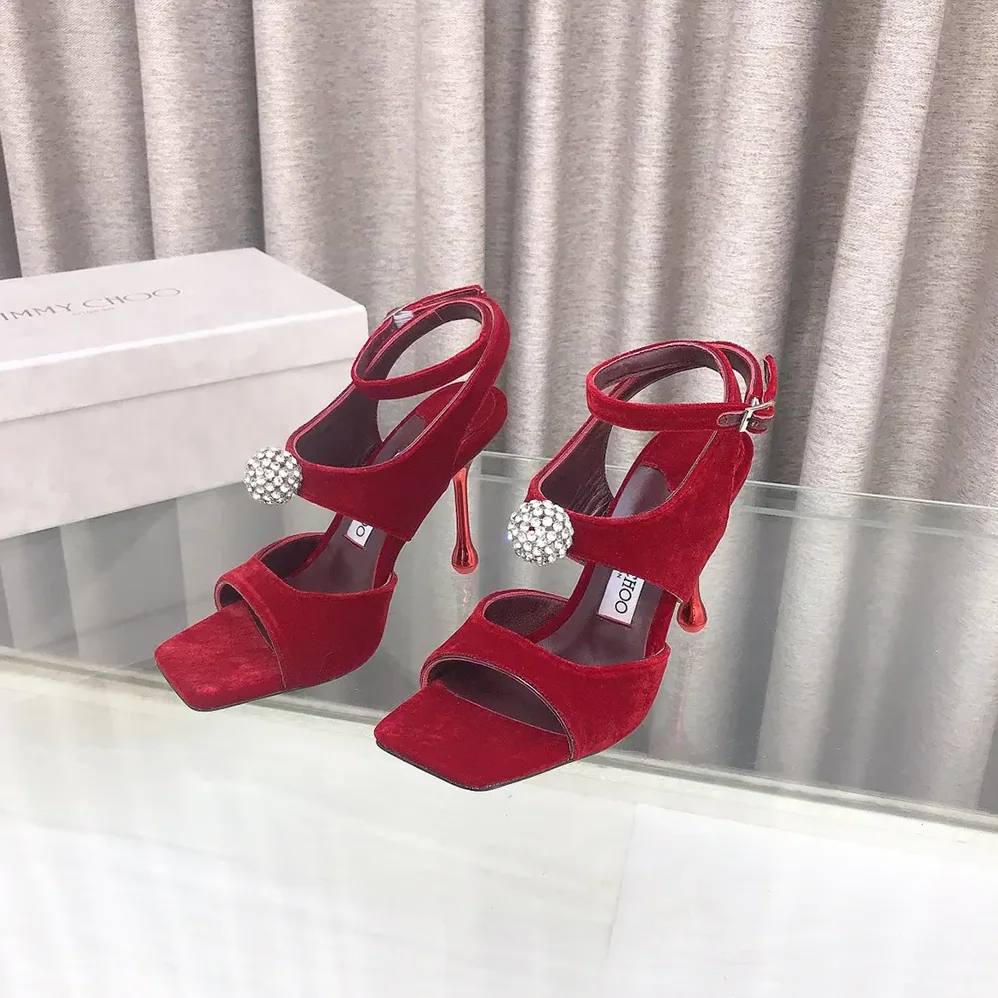 Jimmy Choo Orb 95 Ruby Red Velvet Sandals for Women