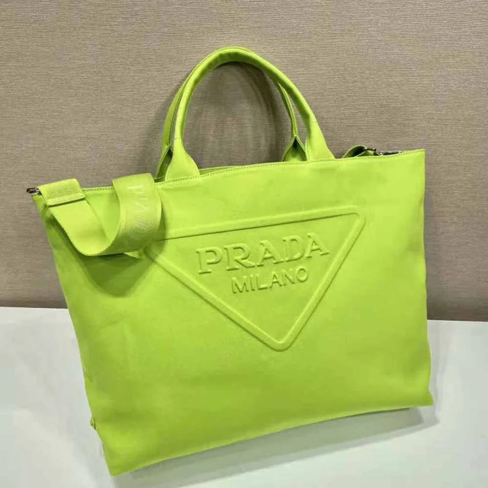 Prada Canvas Tote Bag with Contemporary Take on Classic Beach Designs for Women in Lime Prada Canvas Tote Bag with Contemporary Take on Classic Beach Designs for Women in Lime