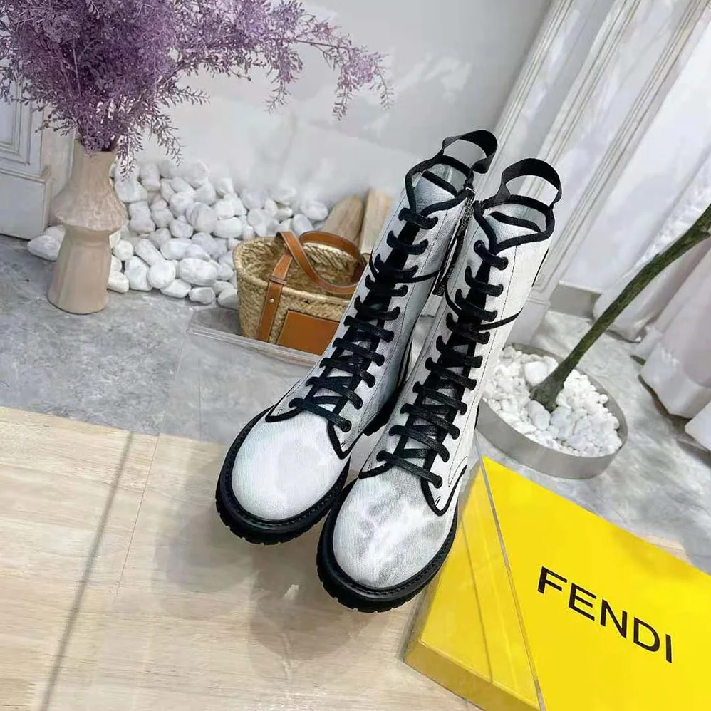 Fendi Signature Gray Canvas Biker Boots for Women